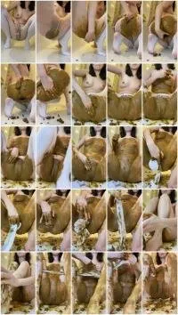 p00girl UltraHD 2K I poop, tear, put white pantyhose into my pussy and rub shit all over my body [Big Pile, Solo]